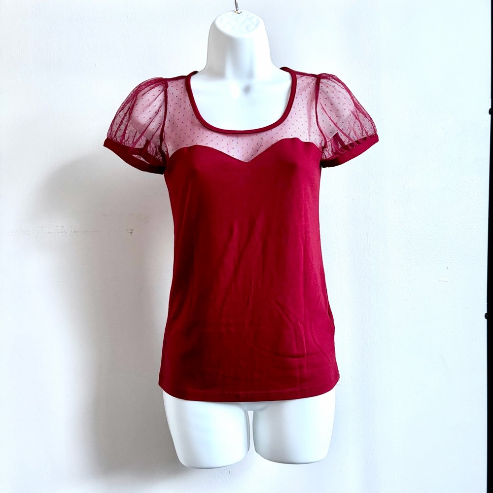 Burgundy (Dark Red) Polka Dot Sheer Puff Sleeve Top